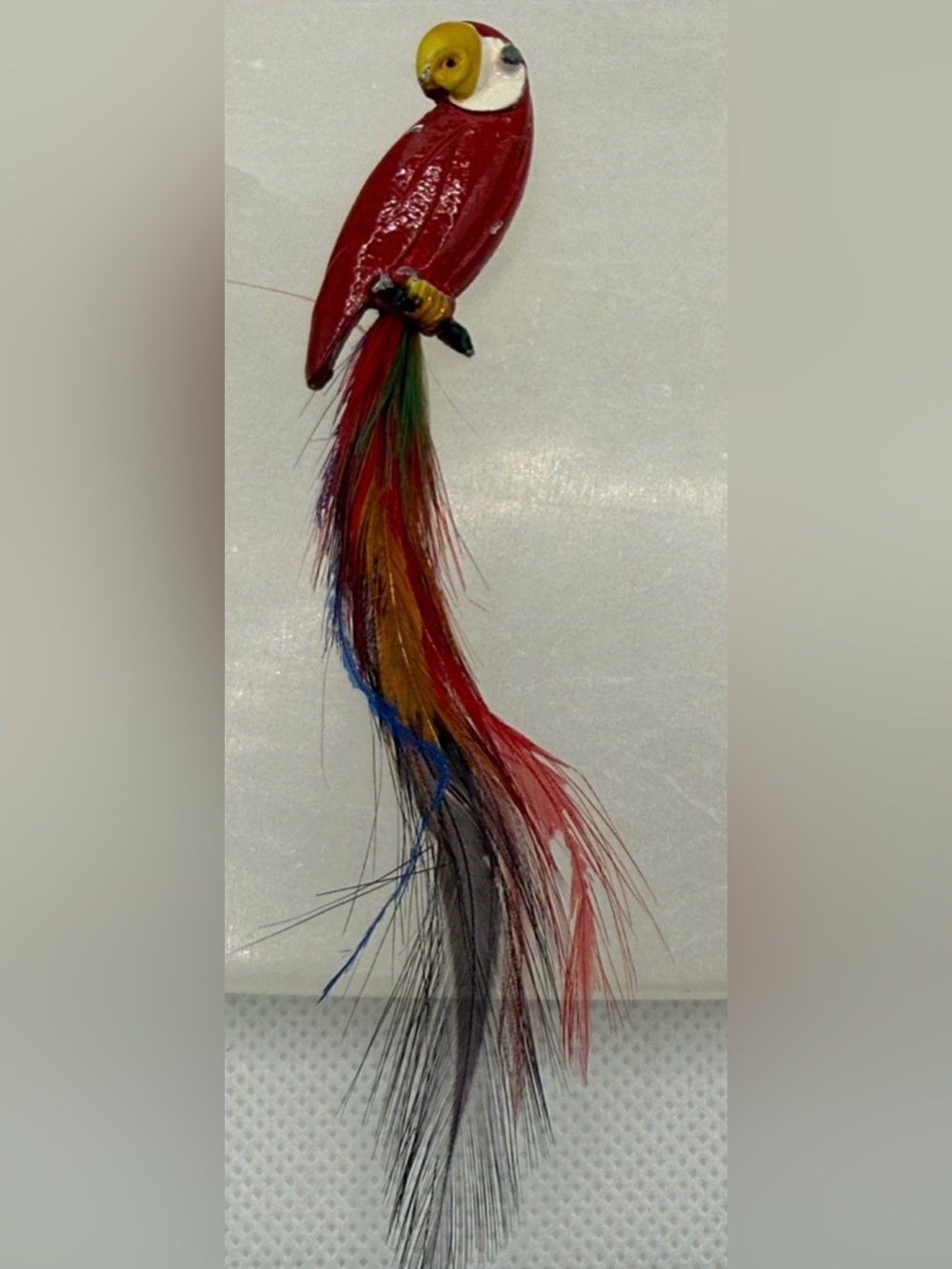 Vintage distressed Colorful Parrot Feather Brooch long feathers ceramic paint
